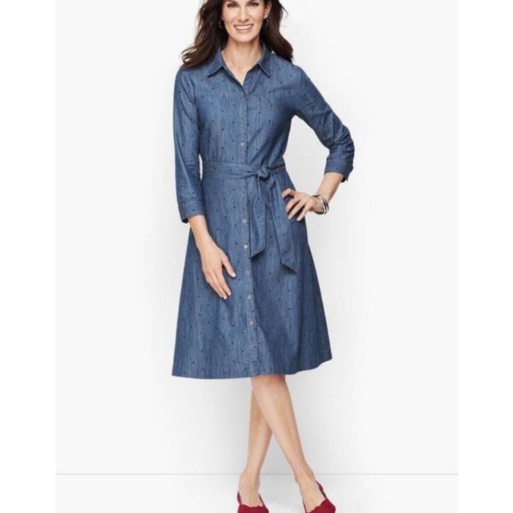 Talbots Women's Chambray Polka Dot Shirt Dress Size 16 Blue Cotton Missing Belt